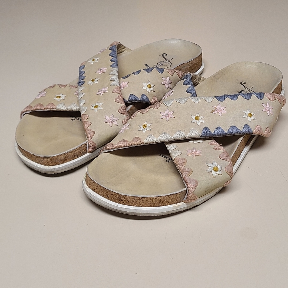 Free People Wild Flowers embroidered cross band slide sandals size 39